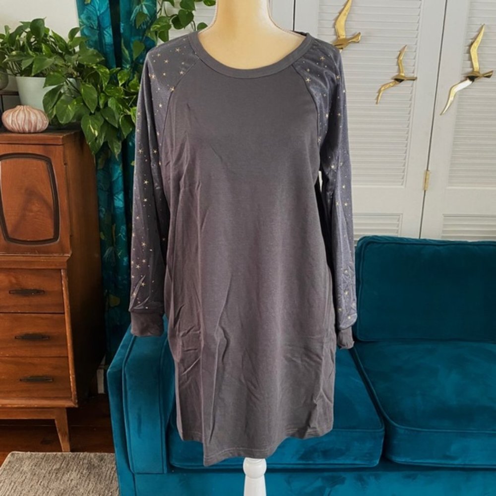 Umgee | Ash Gray Long Sleeve Raglan Sweatshirt Dress Winter Gold Star New Medium - Picture 2 of 14